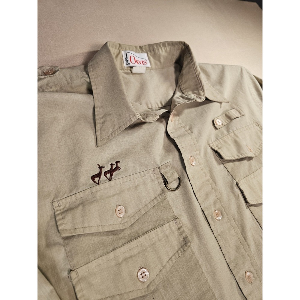 Vintage 80s Orvis Safari Field Shirt Men's Khaki Hunting Embroidered Deer